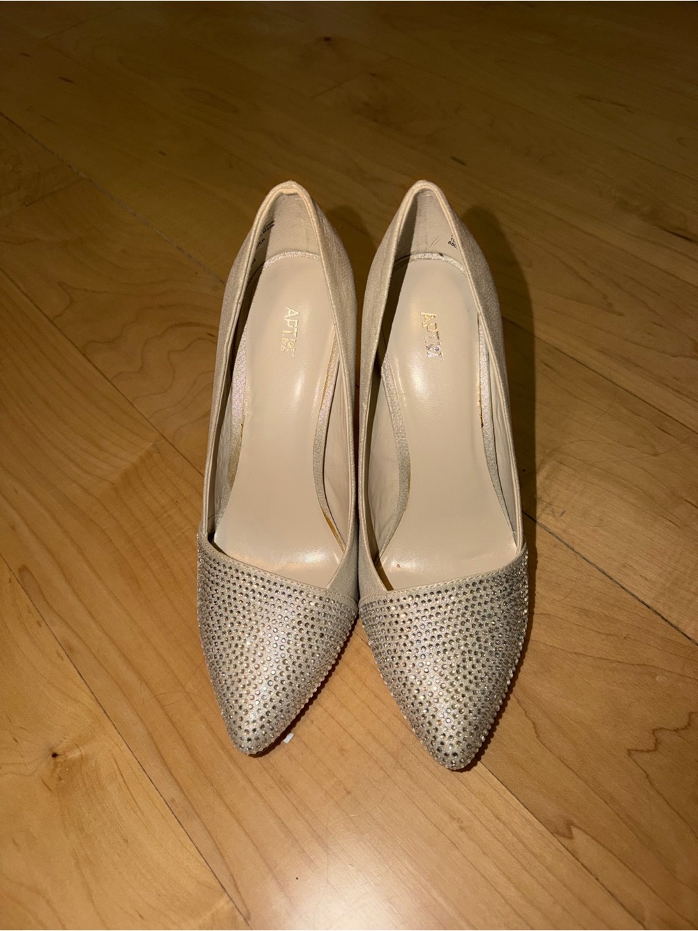 Beige Crystal-Embellished Pointed Toe Pumps